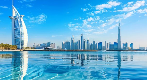 Dubai and the Persian Gulf at sunset. Illustration of underwater