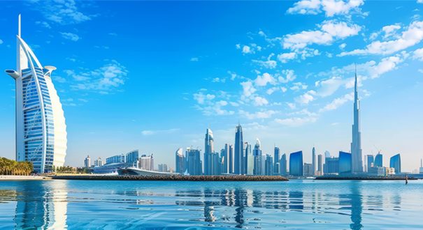 Dubai and the Persian Gulf at sunset. Illustration of underwater