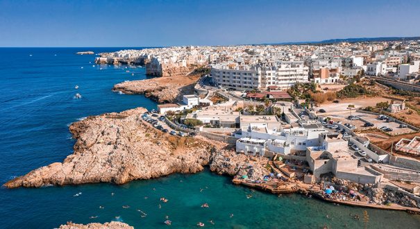 Aerial panoramic beach view in Polignano a Mare town, Puglia reg