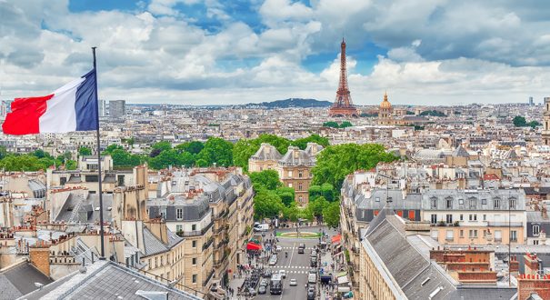 Beautiful panoramic view of Paris from the roof of the Pantheon. View of the Eiffel Tower and flag of France.