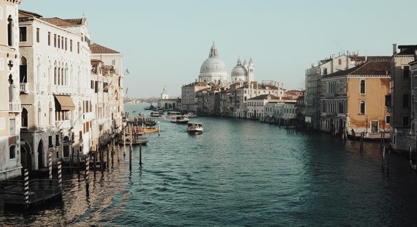 body of water between buildings