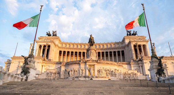 Victor Emmanuel II Monument in Rome at sunset, Italy