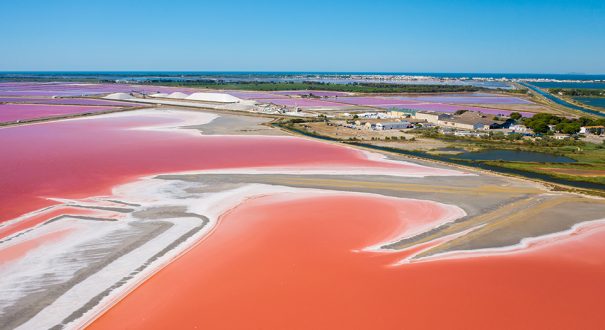 Wide angle shot of the multicolored Salt Lakes in Camarque, France