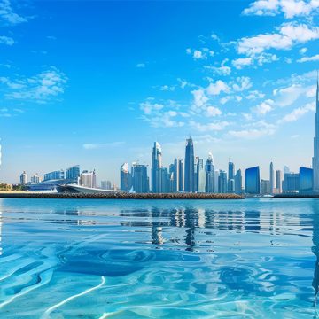Dubai and the Persian Gulf at sunset. Illustration of underwater life in the UAE