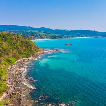 Aerial view with beautiful tropical sea and beach landscape for travel - Holiday Vacation concept